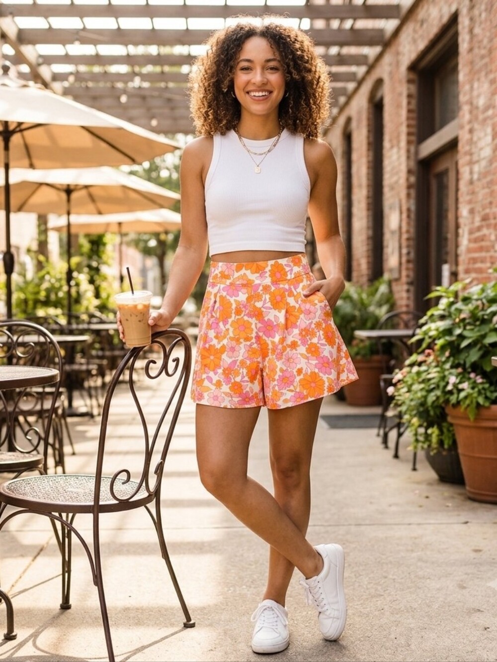Asos Luxe Skort Shorts Size 4 Flower Print Zip Closure Orange Pink  White Cotton
